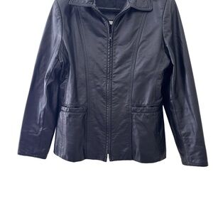 Black Leather Motorcycle Jacket with Zippered Front and Fitted Waist